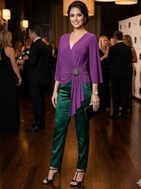 NWT Venus Sz L Faux Wrap Blouse Rhinestone Brooch Bell Sleeve Stretch Purple